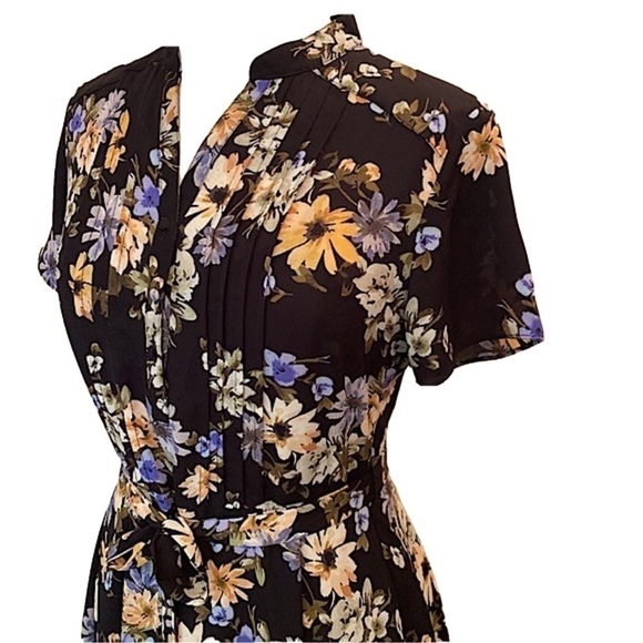 Nanette Lepore size 2 BLACK DREAM CLOUD belted pleated Floral Midi Dress - Picture 5 of 13